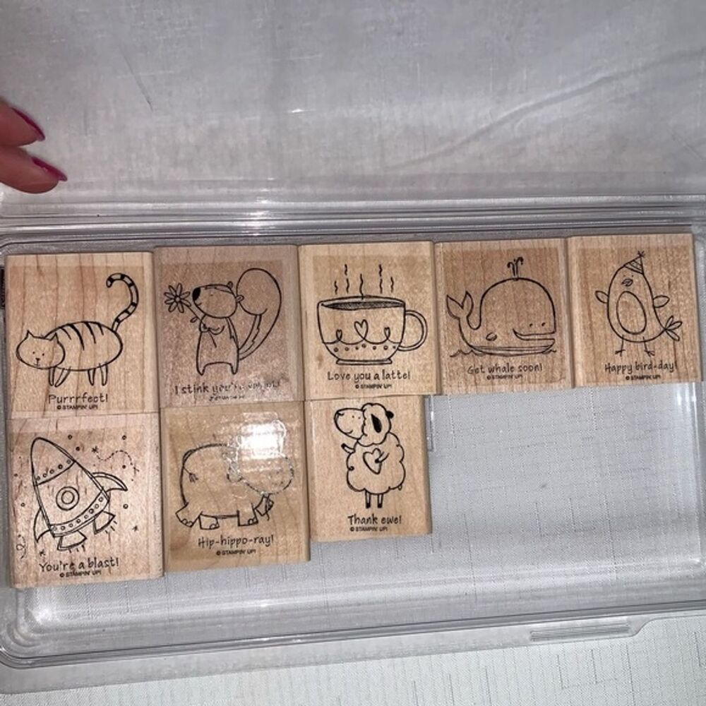 STAMPIN' UP Pun Fun 8 Stamp Set Wood Rocket Cat Whale Hippo Sheep Card Scrapbook